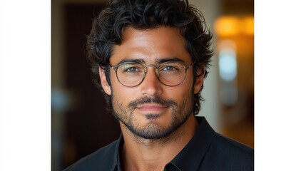 Obraz premium A man with curly hair and glasses smiling in a warmly lit indoor setting during a casual gathering