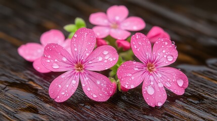 Three pink flowers with water droplets on a wooden surface.