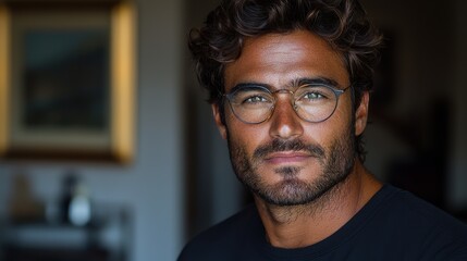 Obraz premium A confident man with curly hair and glasses poses indoors in soft lighting, showcasing a thoughtful expression and relaxed demeanor
