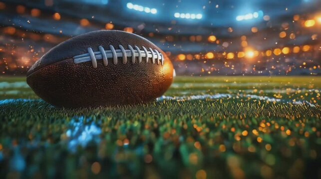  Close-Up of Football on Grass Field Under Stadium Lights with Action-Ready Atmosphere for Sports Event Promotions