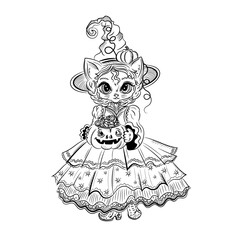 Coloring book for children stylized cat in a Halloween costume