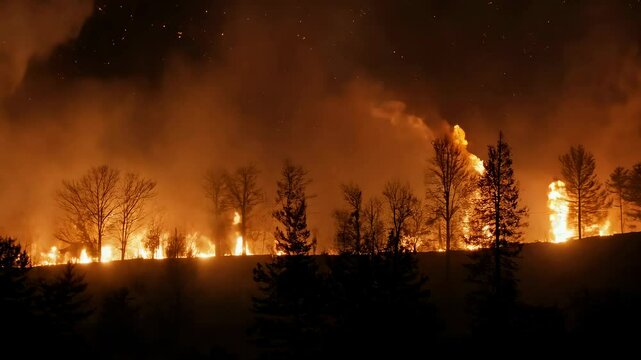 A burning forest at night. Natural disaster. A line of burning trees, trunks glowing bright orange against the dark night sky. Embers float through the air. 