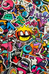 Bright Stickers of Diverse Designs and Characters Scattered Across a Vibrant Surface Displaying Creativity and Artistic Expression in Everyday Life