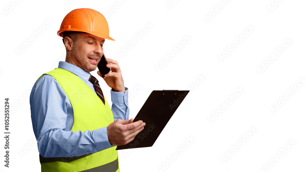 Poster professional builder in uniform talking on phone holding folder standing on white studio background.