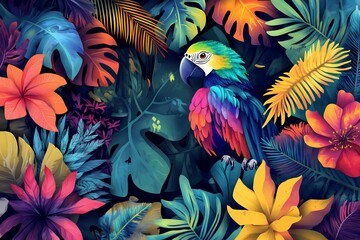 Fototapeta premium Tropical Jungle Bird and Colorful Flowers