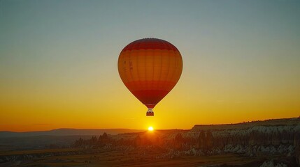 Fototapeta premium Hot air balloons take flight at sunrise over a scenic landscape with vibrant colors in the sky