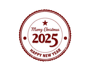 Merry Christmas and Happy New Year 2025! Round Vintage Stamp Design, Grunge Texture. distressed stamp Isolated on Transparent Background. PNG.