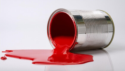 Close-up of large open metal can of red paint spilled on white background.