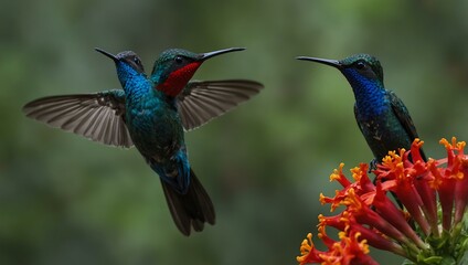 Obraz premium Blue hummingbird flying next to a red flower in the Costa Rican jungle.