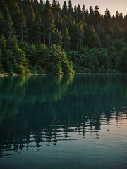 Blue lake and green forest at sunset.