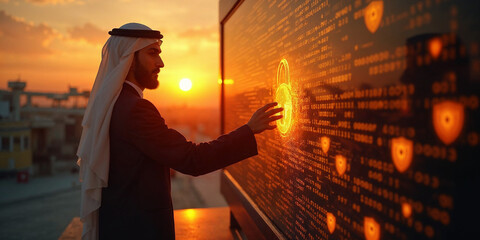 An illustration of a digital lock on a computer screen, surrounded by floating binary code and shield icons, symbolizing data protection.