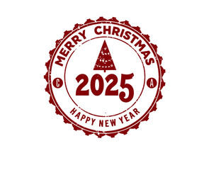Obraz premium Merry Christmas and Happy New Year 2025! Round Vintage Stamp Design with Christmas Tree, Snowflakes, and Grunge Texture. distressed stamp Isolated on Transparent Background. PNG.