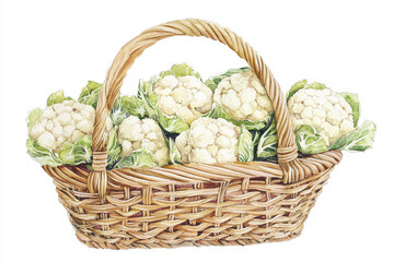 Obraz premium A wicker basket filled with fresh, green-leafed cauliflowers, showcasing their organic appeal and vibrant health.