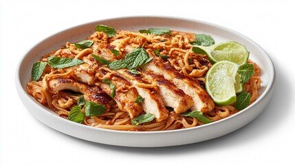 Pad Thai with tender chicken strips, isolated on a white plate, garnished with fried shallots, lime wedges, and fresh mint leaves