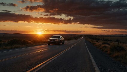 Car driving along a glowing road at sunset.