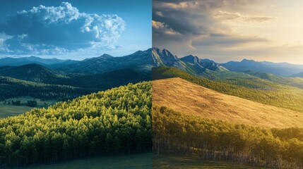 Obraz premium Split Image of a Forest and Mountain Landscape Under Different Skies