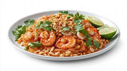Seafood Pad Thai with prawns and calamari, isolated on a white porcelain plate, surrounded by Thai herbs, lime wedges, and crushed peanuts