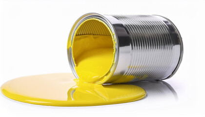 Close-up of large open metal can of yellow paint spilled on white background.