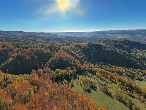 Colorful autumn forests in the mountains - Silesian or Tesin Beskydy, northeastern Czech Republic, Moravia