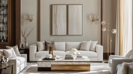 A high-end living room featuring a marble coffee table, brass lighting fixtures, and a glass console table, with soft neutral tones that let the luxurious materials shine