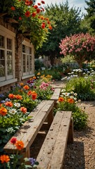 Charming garden filled with flowers and benches.