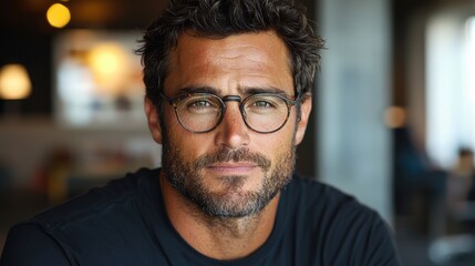 Obraz premium Casual portrait of a man with glasses in a cozy café setting during daylight, wearing a relaxed black t-shirt