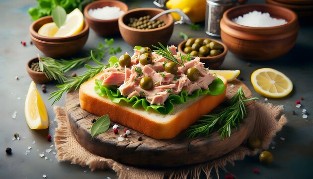 Delicious tuna sandwich with fresh herbs on a rustic wooden board, garnished with capers and lemon. Concept of homemade cooking, healthy eating, and culinary delight,