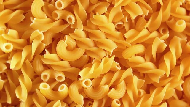 Uncooked Fusilli and Chifferi Rigati Pasta - Top View, Close-Up. Fat and Unhealthy Food. Classic Dry Macaroni, Rotating Background. Raw Different Macaroni Pasta Texture - Rotate Right