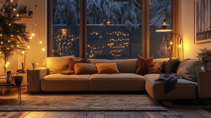 A comfortable living room with a deep sectional sofa, textured rug, oversized pillows, and soft, diffused lighting from floor lamps and fairy lights.