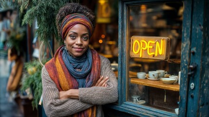 Woman smiling outside cozy coffee shop with open sign