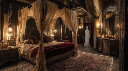 Obraz premium Spooky Bedroom with Canopy Bed and Ghost