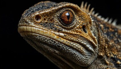 Fototapeta premium Close-up of a lizard's head on a black background.