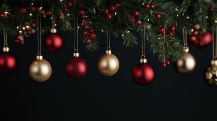 Christmas Ornament Garland: Elegant red and gold Christmas baubles hanging from a festive garland of pine branches and berries against a dark background. Perfect for holiday cards, websites.