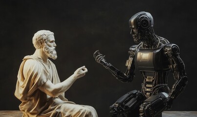 A stone statue faces a metallic robot.