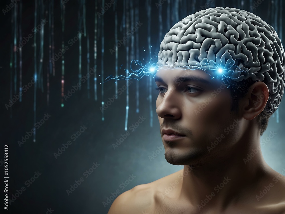 Poster concept of telepathy with symbolic brain wave communication in 3d.