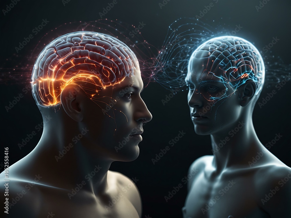 Poster concept of telepathy with symbolic brain wave communication in 3d.