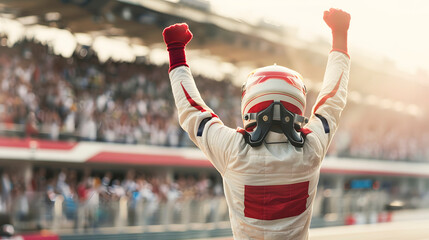 A racing driver stands with his back turned on the track with his arms raised. The crowd cheers him on.