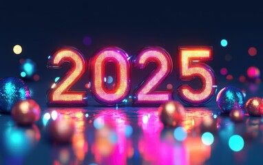 Happy New Year. 3D pixel text of "2025" on a blue background with glowing spheres, vector illustration for a digital art poster design template