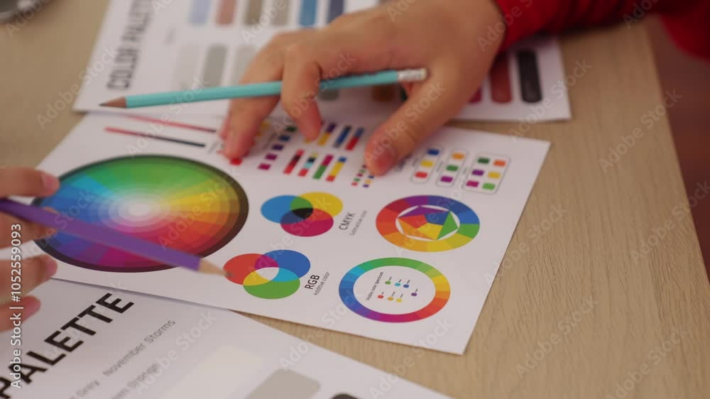 Poster slow motion hand closeup of two designer brainstorming and choosing color for graphic design working