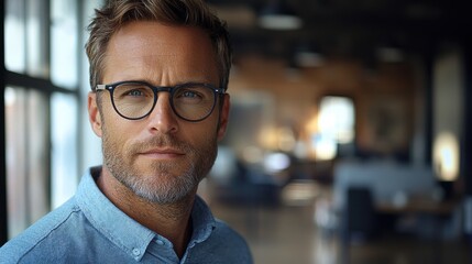 Obraz premium Professional man with glasses posing confidently in a modern office setting on a sunny day