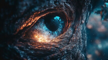 A blue eye with a fiery glow peering out from within the rough bark of a tree.