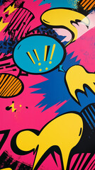 Fototapeta premium 90s pop art with comic-style speech bubbles, lightning bolts, and neon colors like pink, blue, and yellow. Bold black outlines add retro flair. High resolution for sharp lines and vibrant colors.