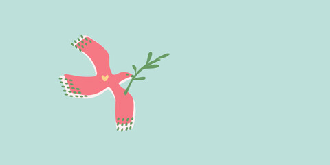 Cute pink peace dove with olive branch vector illustration with copy space
