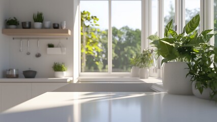 Fototapeta premium modern interior, A minimalistic, modern kitchen with a focus on clean white countertops, greenery, and natural light streaming through the windows