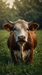 Cow portrait in a green field for desktop wallpaper.