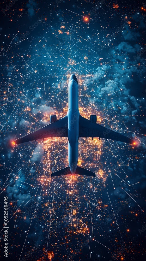 Wall mural a futuristic airplane soars above an illuminated cityscape with glowing lights and digital network p