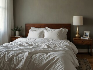 Cozy room with a bed and white sheets.