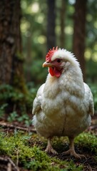 Cute chicken in a forest setting.