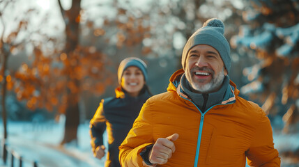 Caucasian senior couple smiling while exercising in a forest park during first snow in fall