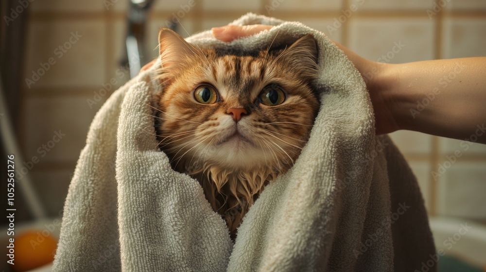 Poster cat wrapped in towel after bathing experience